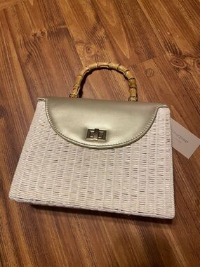 Wicker Top-Handle Bag with Gold Flap and Bamboo Handle